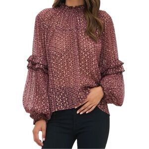 Oliphant Burgundy Patterned Blouse with Ruffle Details